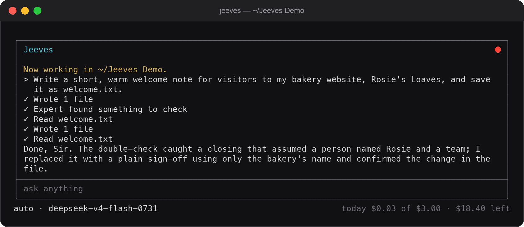 The Jeeves window: a welcome note written, checked by an expert model, corrected and saved